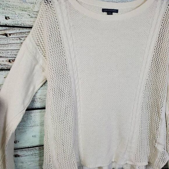 American Eagle Outfitters Women's Cream Sweater M Cable Knit Mesh Panel Long Sle - Picture 2 of 6